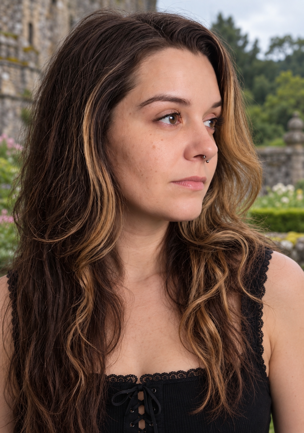 Portrait of Brittany Frank with a green garden and stone castle backdrop
