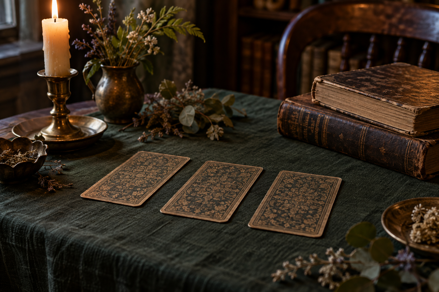 Three face-down tarot cards on green linen beside antique books, botanicals, and a lit brass candlestick